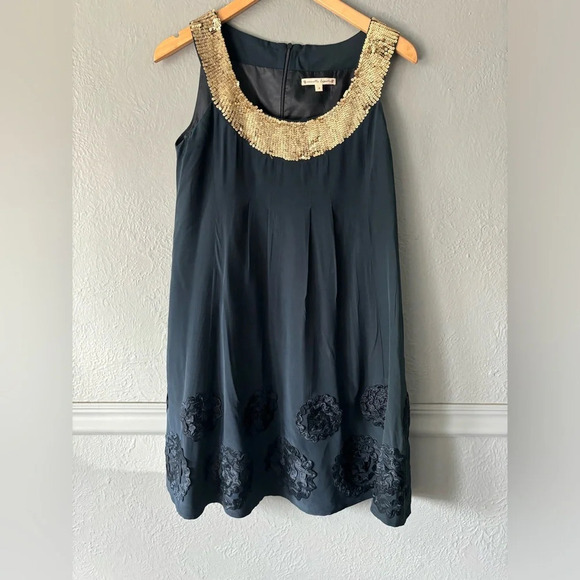 Nanette Lepore | silk | sequin | rosette | navy | gold | dress | size 4 - Picture 1 of 14